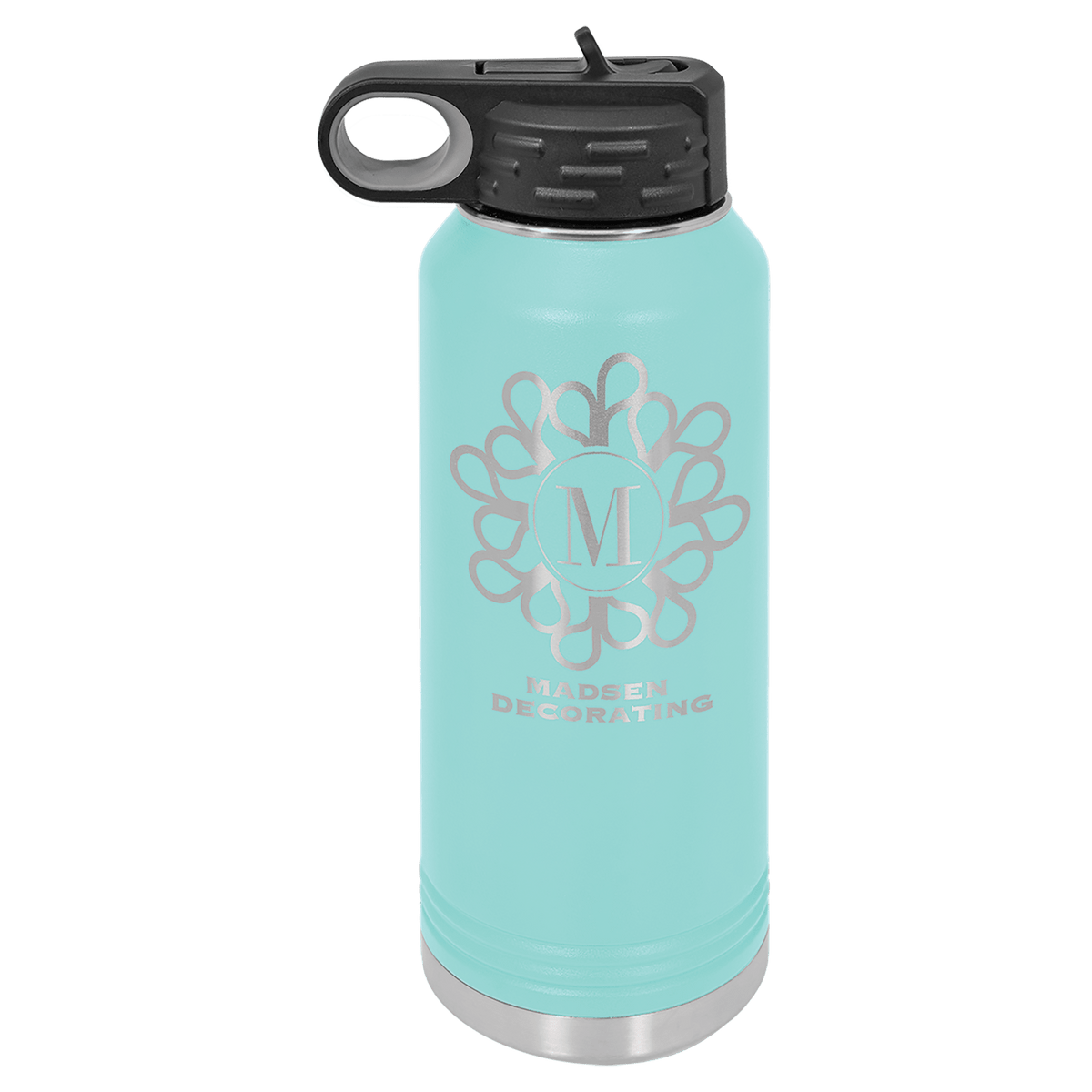 Teal 32 oz laser engraved custom logo water bottle with straw lid