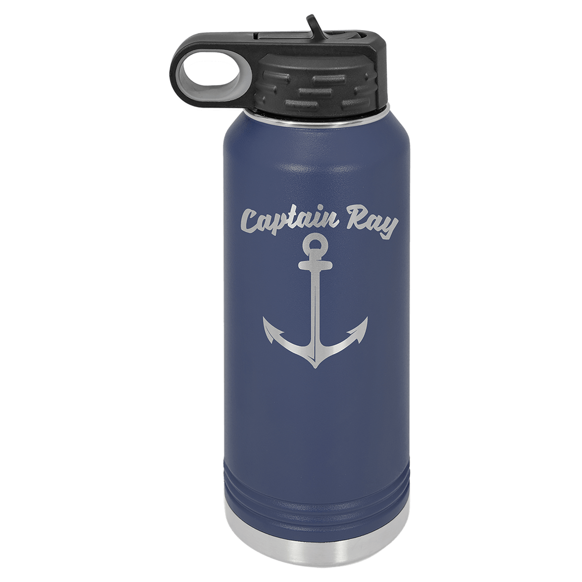 Navy Blue 32 oz laser engraved custom logo water bottle with straw lid