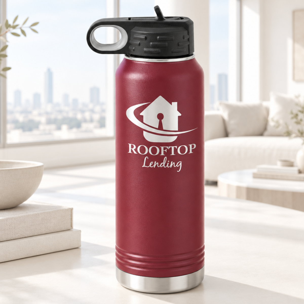 Maroon 32 oz laser engraved custom logo water bottle with straw lid