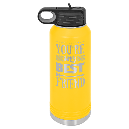 Yellow 32 oz laser engraved custom logo water bottle with straw lid