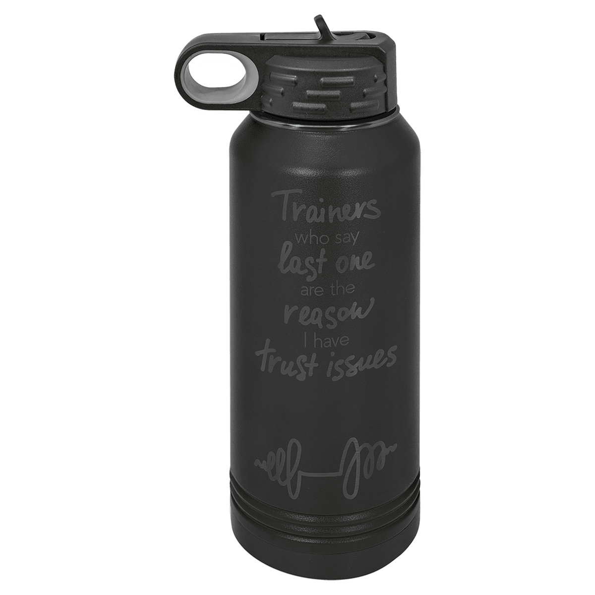 Black and Ghost Black 32 oz laser engraved custom logo water bottle with straw lid