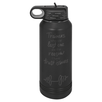 Black and Ghost Black 32 oz laser engraved custom logo water bottle with straw lid