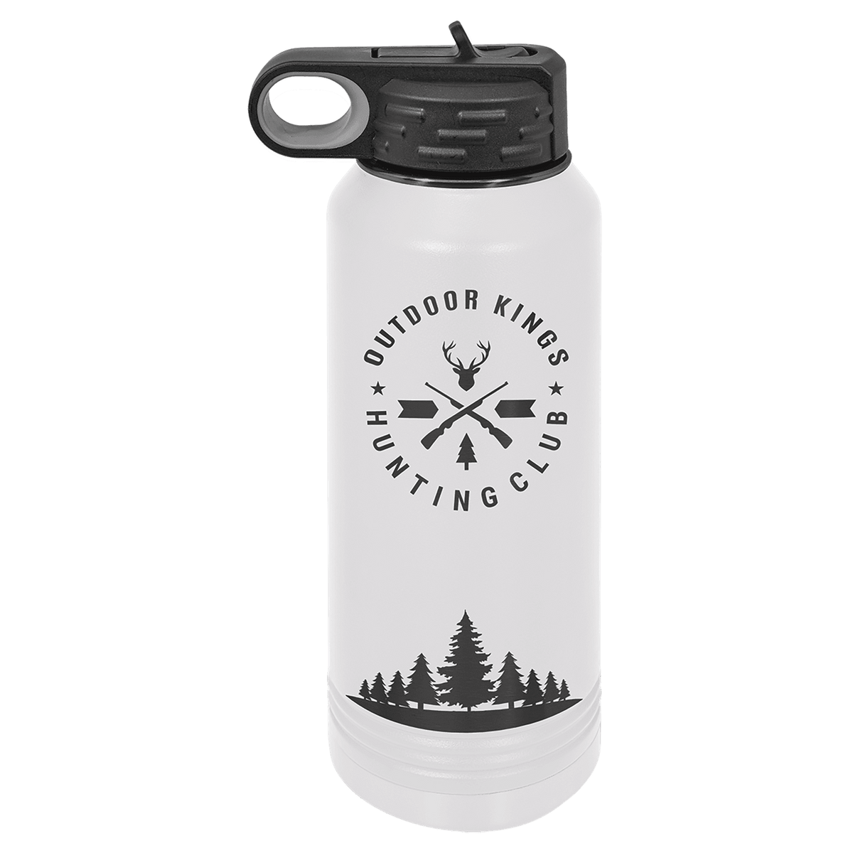 White and Ghost Black 32 oz laser engraved custom logo water bottle with straw lid