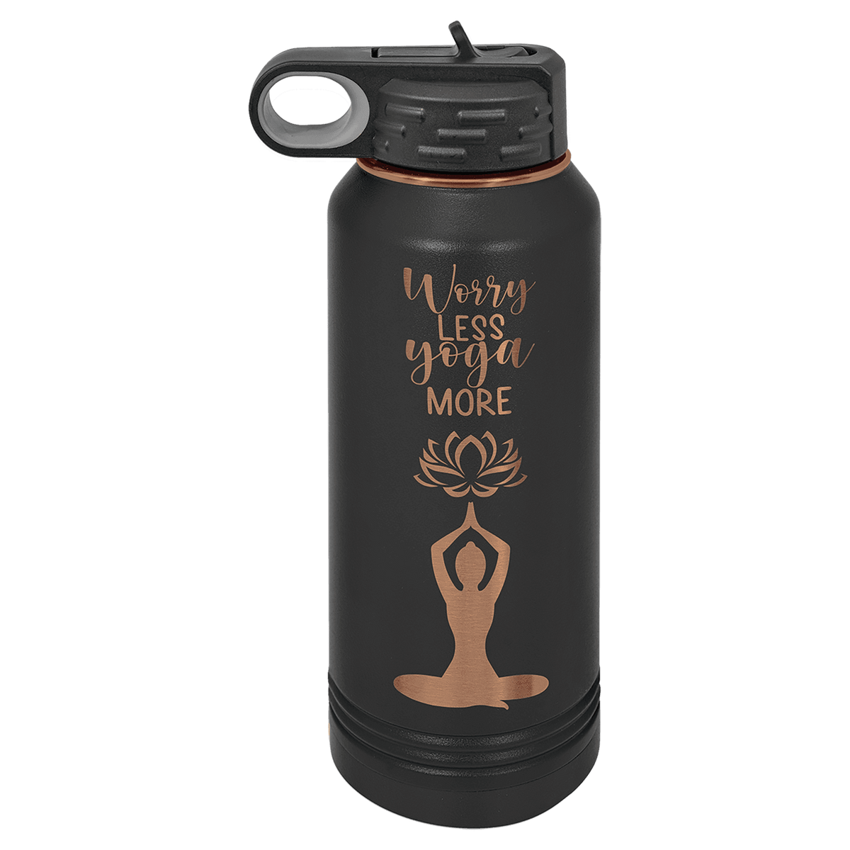 Black and Rose Gold 32 oz laser engraved custom logo water bottle with straw lid