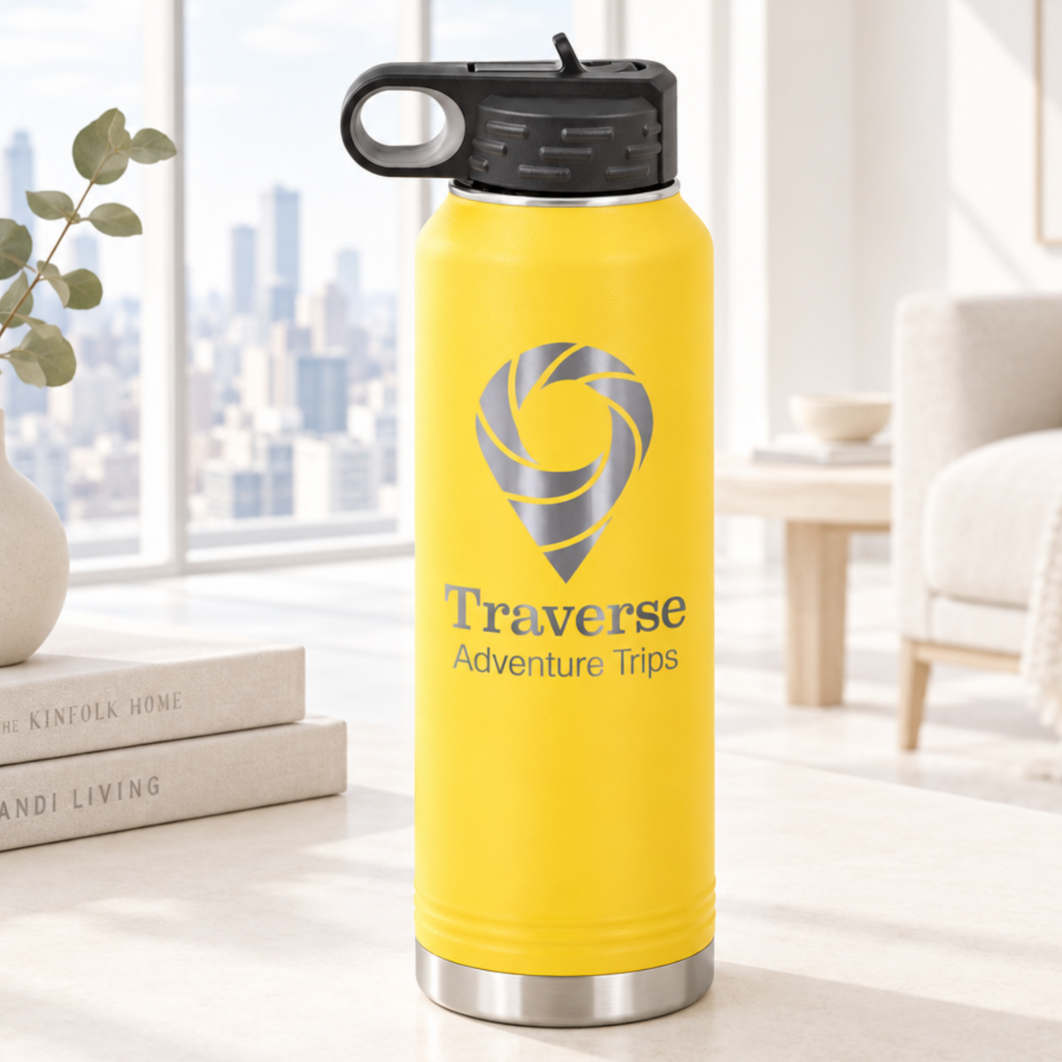 Yellow 40 oz laser engraved custom logo water bottle with straw lid