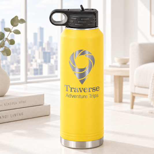 Yellow 40 oz laser engraved custom logo water bottle with straw lid