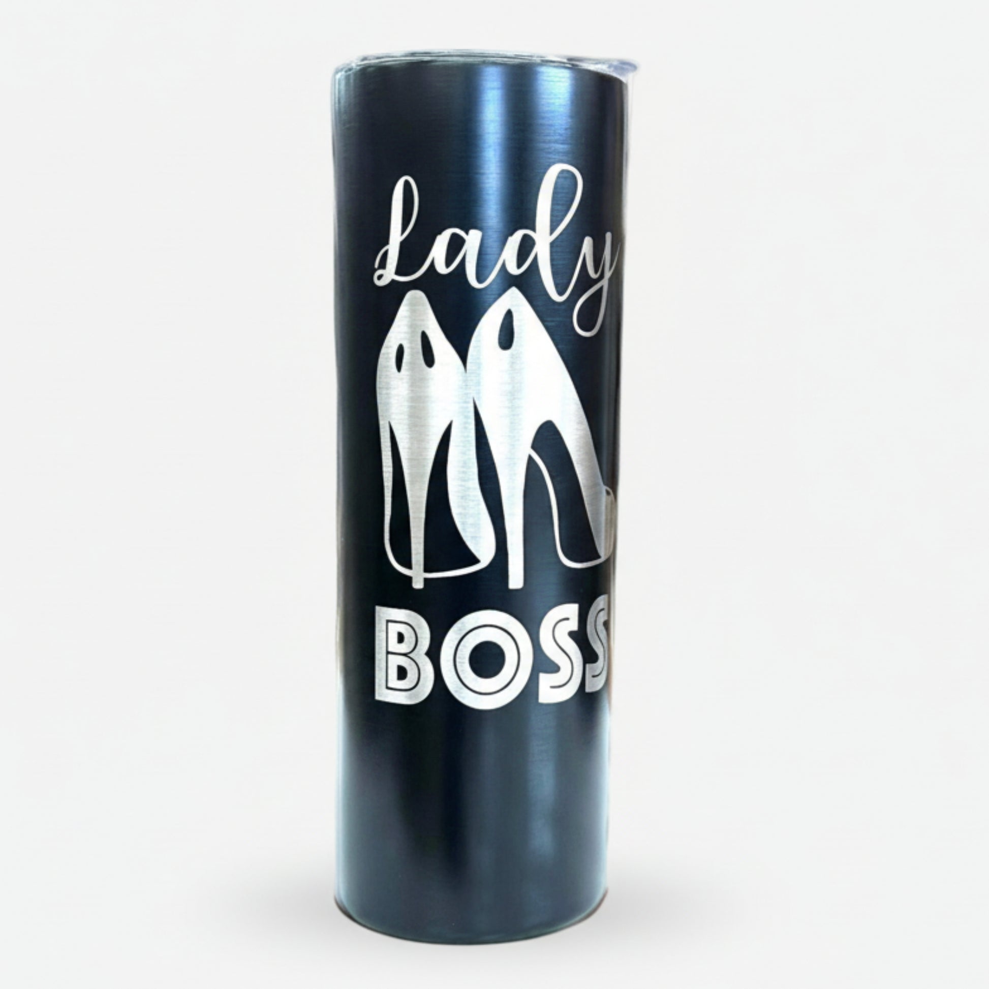 Black tumbler with 'Lady Boss' text and high heels design 