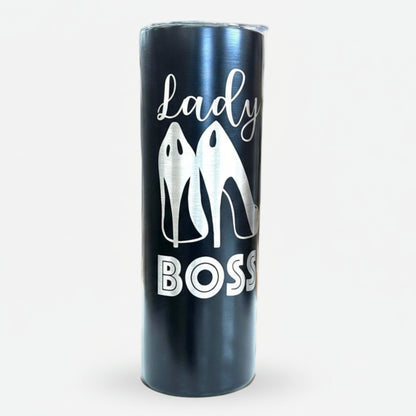 Black tumbler with 'Lady Boss' text and high heels design 