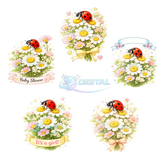 Ladybug daisy clipart bundle 5 watercolor PNG transparent baby shower its a girl floral bouquet