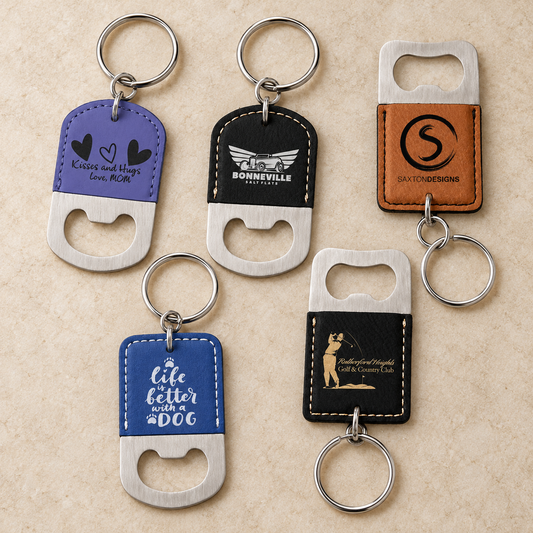 Engraved leatherette bottle opener keychains in rectangle and oval shapes with custom logos and names