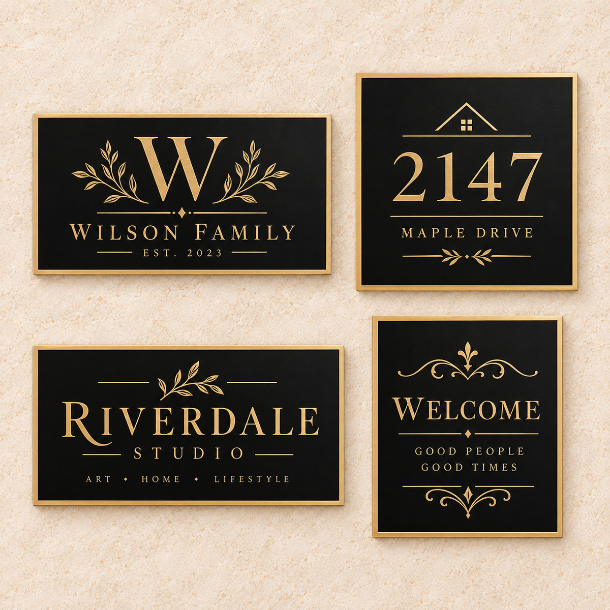 Engraved Black Brass Plaque Plate with Gold Border, No Holes, 17 Sizes
