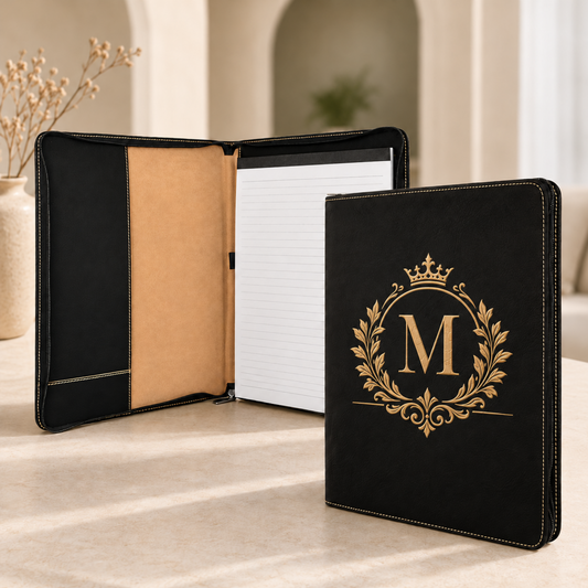 9.5" x 12" Black Gold laserable leatherette portfolio with zipper and notepad, custom engraved padfolio