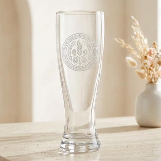 Custom laser engraved 16 oz pilsner beer glass with frosted wheat and hop crest logo and Premium Lager text, filled with golden beer
