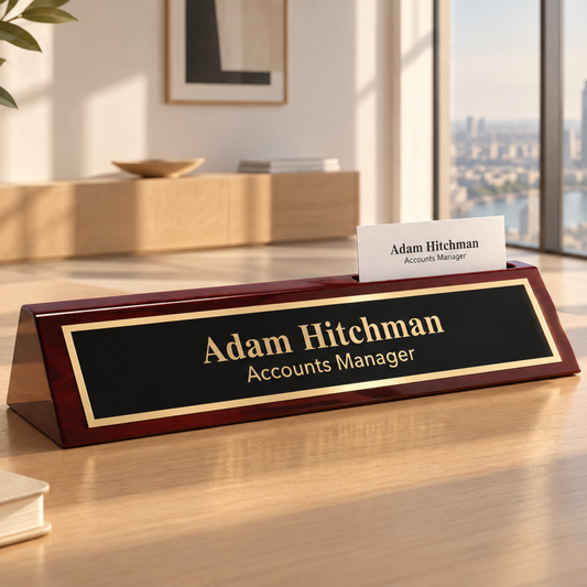 10 1/2" Rosewood Piano Finish Desk Wedge with Business Card Holder, desk name plate holder