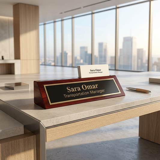 8 1/2" Rosewood Piano Finish Desk Wedge with Business Card Holder, desk name plate holder