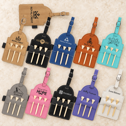 Personalized engraved golf bag tags with wooden tees in 12 colors and textures, custom golf gift for dad, groomsmen and golf outings