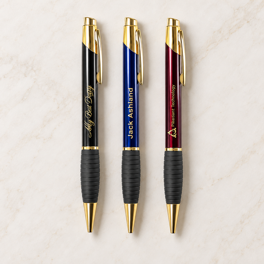 Gloss black engraved brass pen with gripper