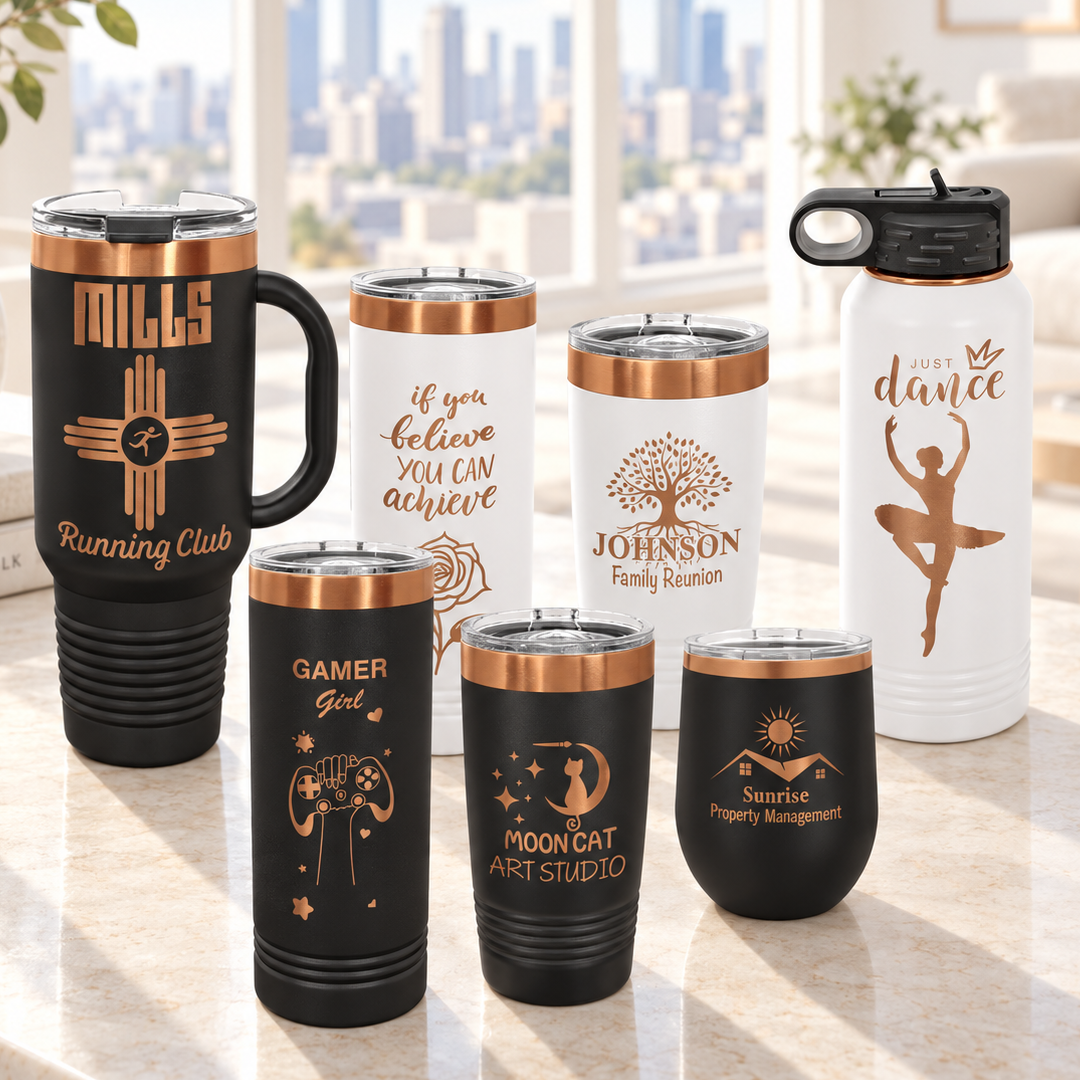 Personalized travel tumblers and a water bottle. The tumblers are black and white with rose gold metallic rims and custom gold-toned printed graphics and text