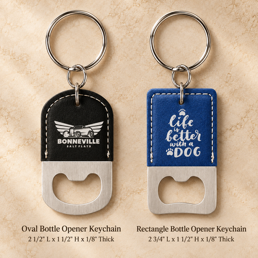 Oval and rectangle engraved leatherette bottle opener keychains with sizes: oval 2.5" x 1.5", rectangle 2.75" x 1.5", 0.125" thick