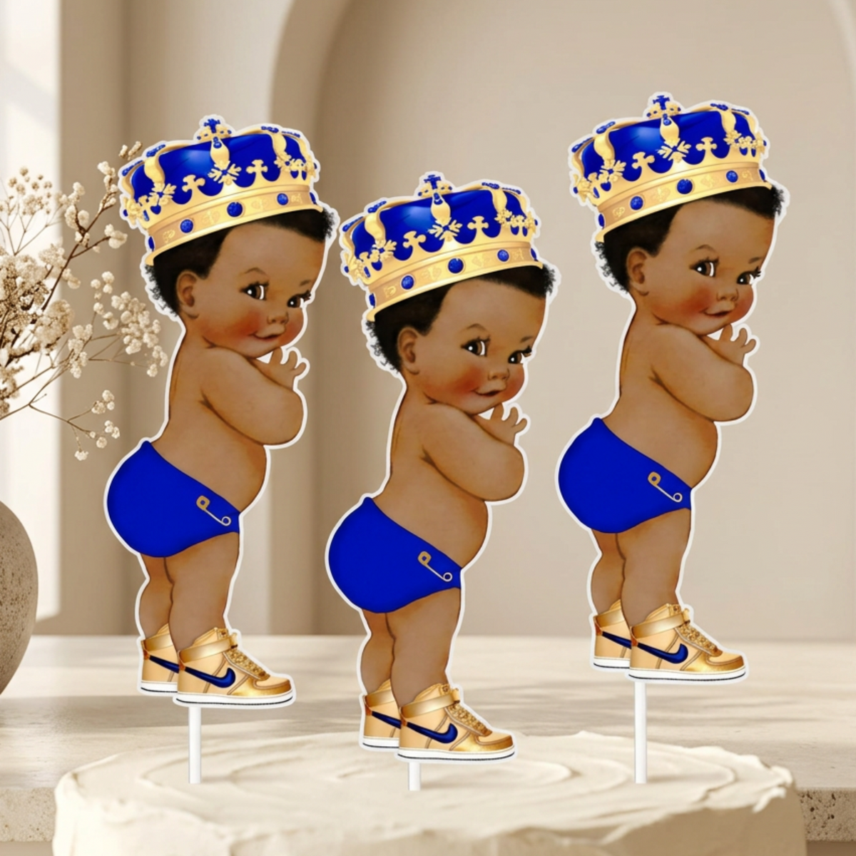 Set of 3 royal blue baby prince centerpieces used as cake toppers