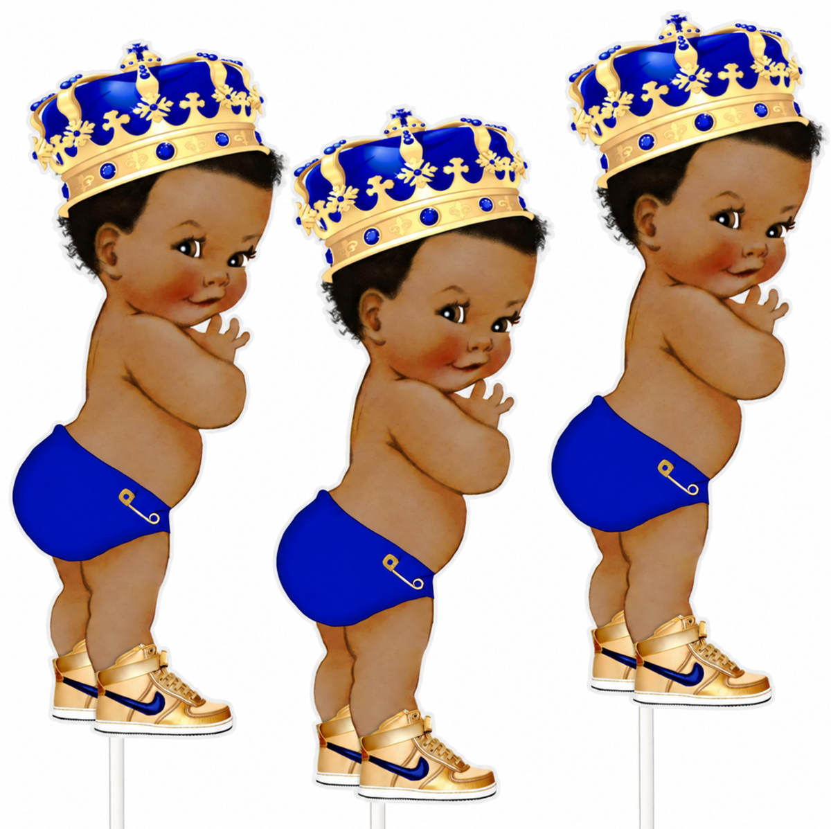 Set of 3 royal blue baby prince centerpieces on sticks, white background
