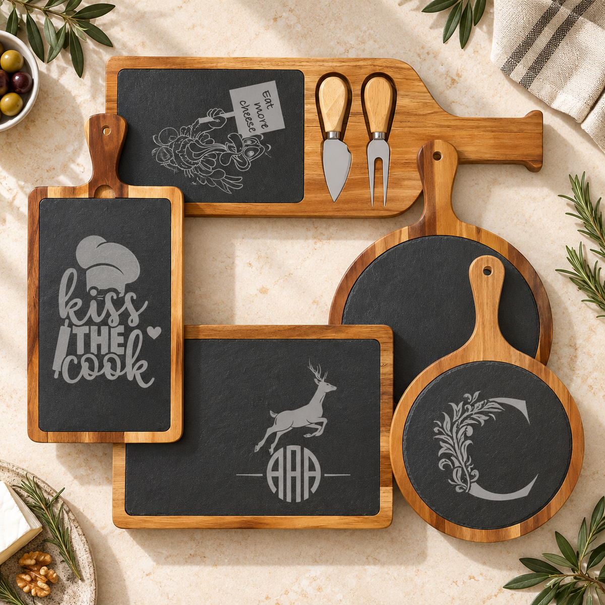 Personalized Acacia Wood & Slate Cheese Board – Custom Engraved Charcuterie Serving Board, Wedding & Housewarming Gift