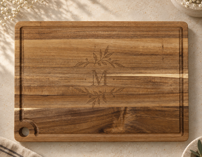 Custom Logo Acacia Cutting Board with Drip Ring & Corner Hole – Laser Engraved Personalized Board in 2 Sizes
