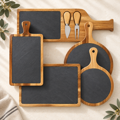 Personalized Acacia Wood & Slate Cheese Board – Custom Engraved Charcuterie Serving Board, Wedding & Housewarming Gift