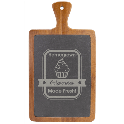 13.25 x 7 inch acacia wood and slate cheese board with handle for custom engraving