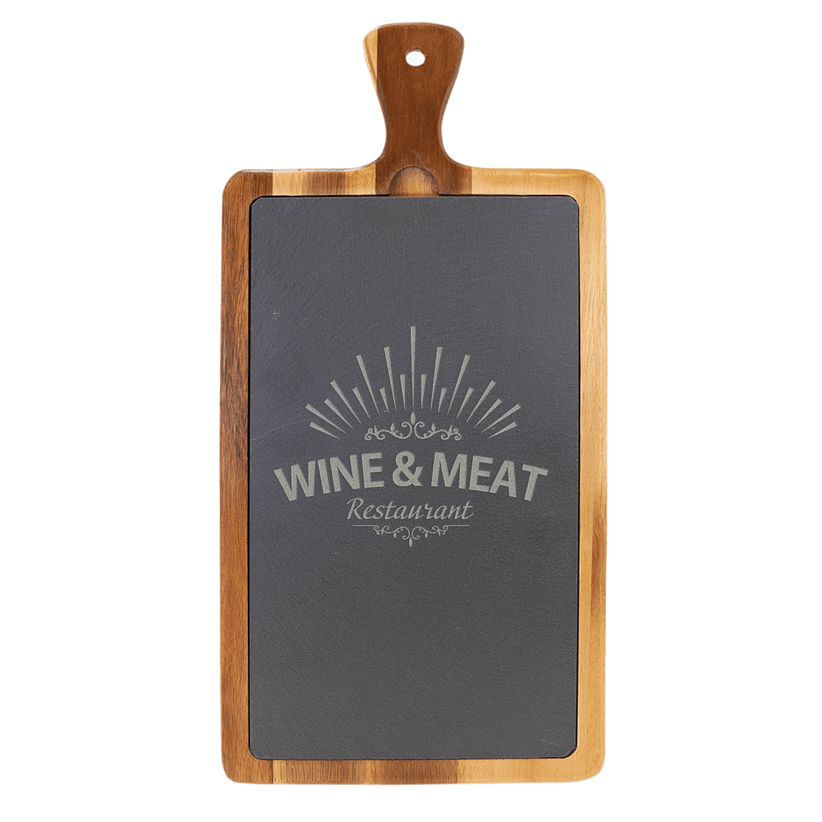 16 x 7.75 inch acacia wood and slate charcuterie board with handle for custom engraving