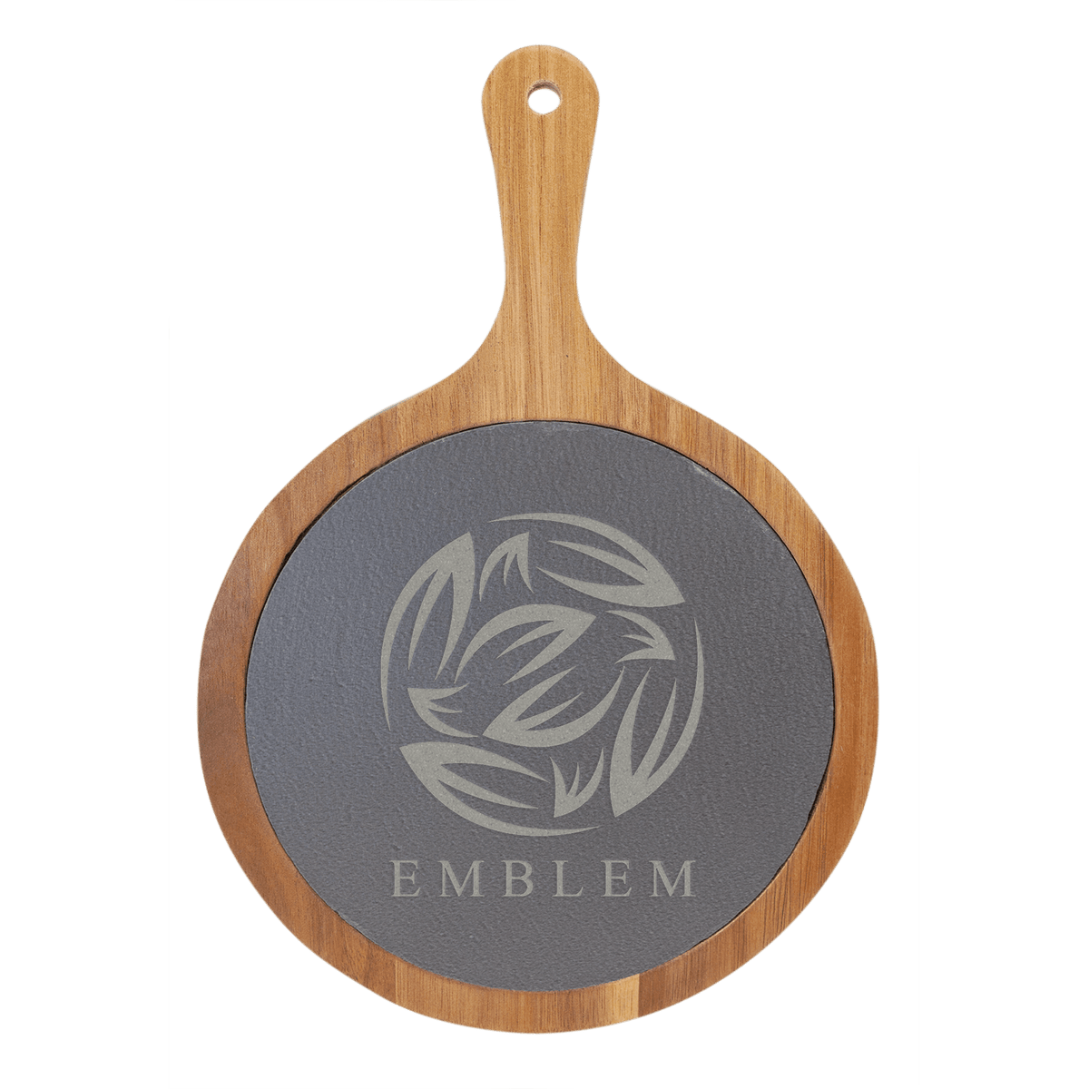 12.25 x 8.25 inch round acacia wood and slate serving board with handle for custom engraving