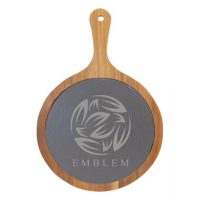12.25 x 8.25 inch round acacia wood and slate serving board with handle for custom engraving