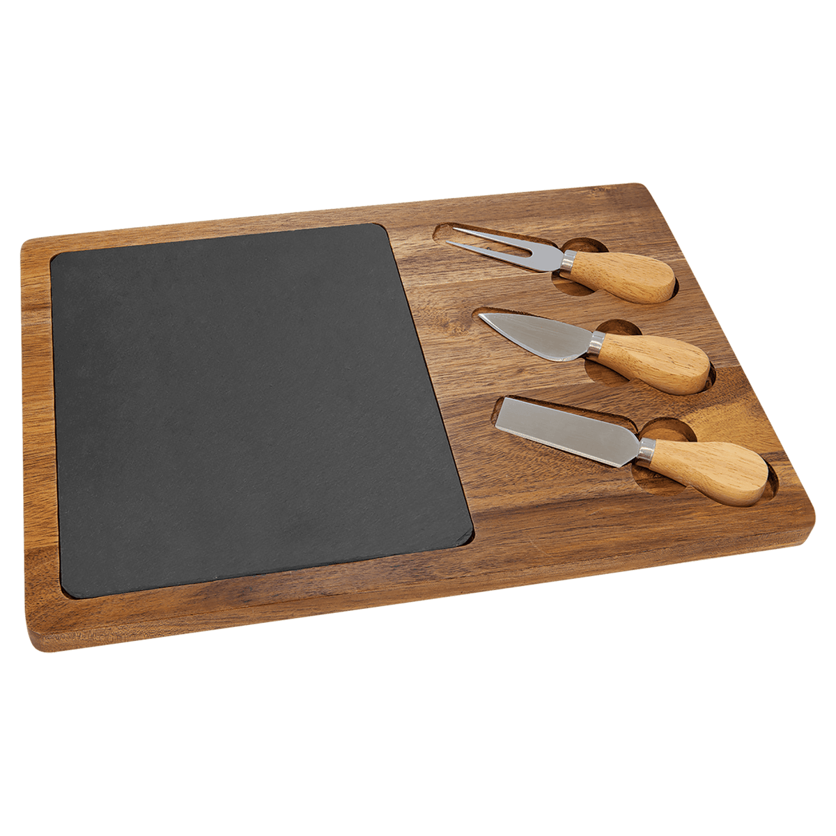 13.75 x 9.75 inch acacia wood and slate cheese board set with three cheese knives, engravable gift