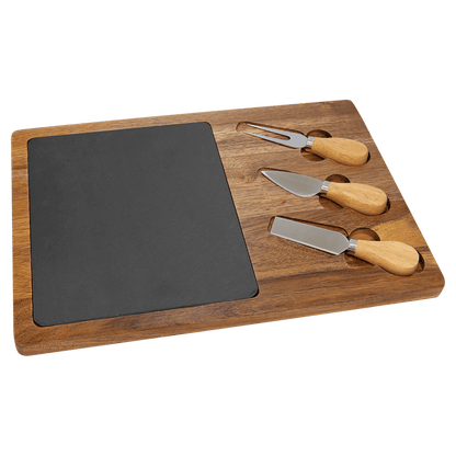 13.75 x 9.75 inch acacia wood and slate cheese board set with three cheese knives, engravable gift