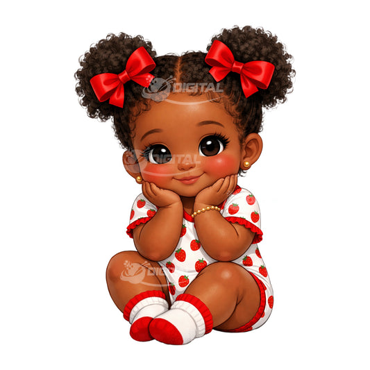 Strawberry baby girl clipart African American afro puff red bows white onesie berry sweet baby shower PNG