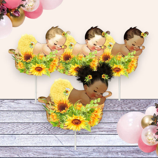 sunflower baby shower sleeping baby girl, 1st birthday cake topper