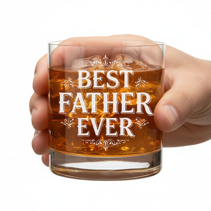 Glass of whiskey with ice and 'Best Father Ever' engraving on a white background