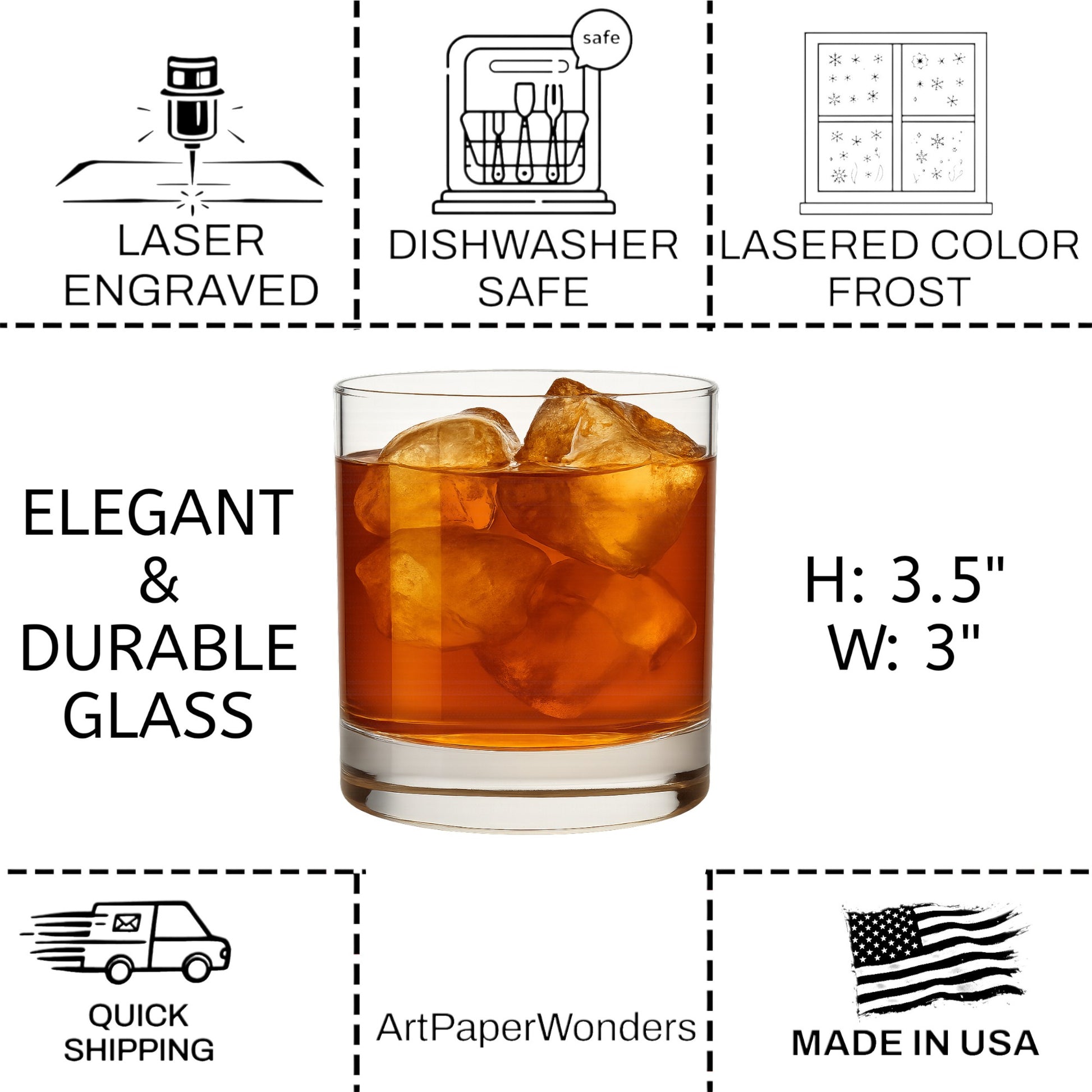 Glass with ice cubes, surrounded by product features like laser engraving, dishwasher safety, and dimensions.