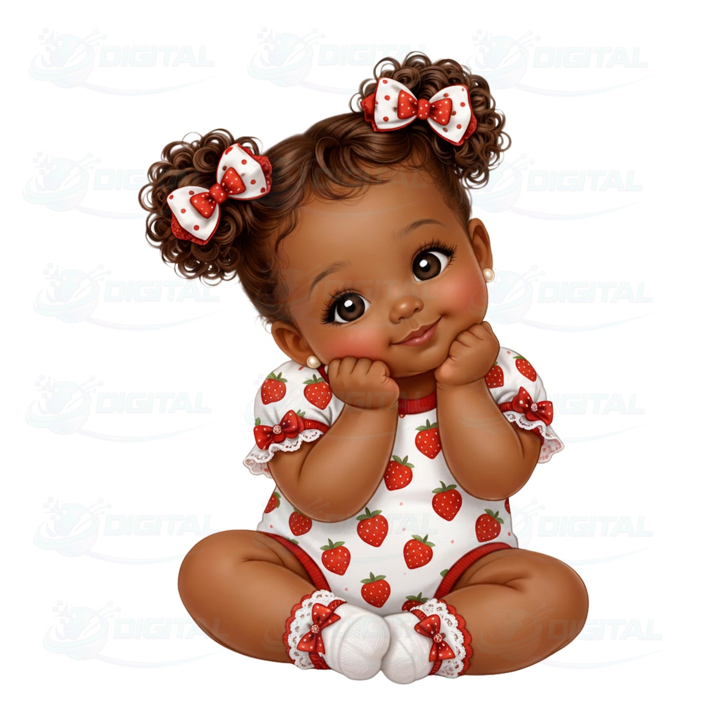 Vintage strawberry baby girl clipart African American afro puff polka dot bow lace ruffle shabby chic PNG
