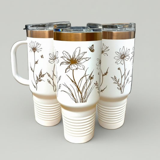 Wild Floral 40 Oz Tumbler with Handle Rose Gold Laser Engraved