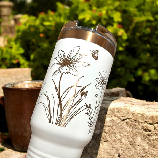 Wild Floral 40 Oz Tumbler with Handle Rose Gold Laser Engraved
