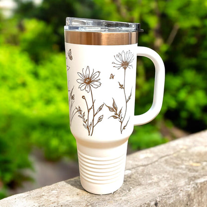 Personalized Wild Floral 40 Oz Tumbler with Handle Rose Gold Laser Engraved