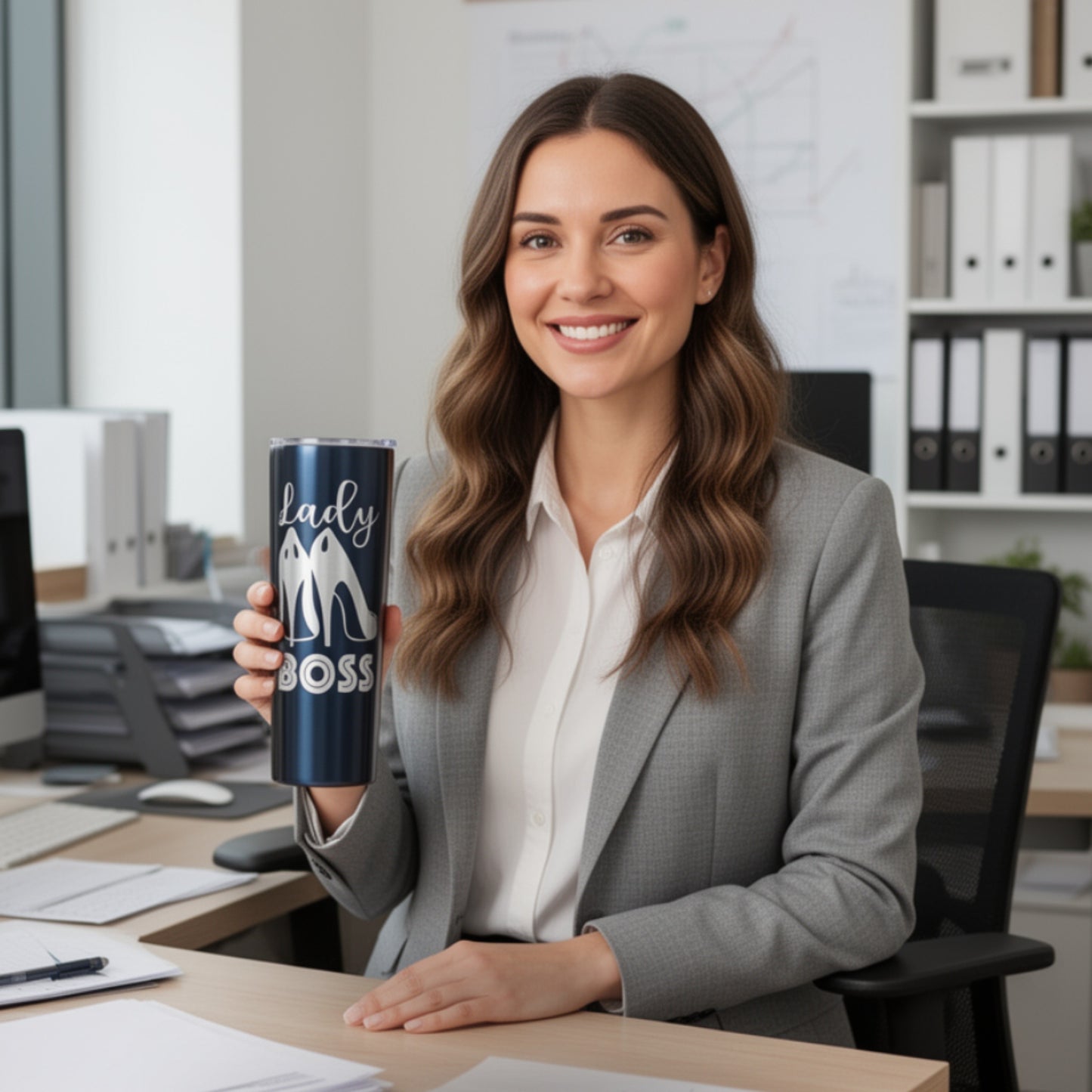 Woman in office holding a 'Lady Boss' mug