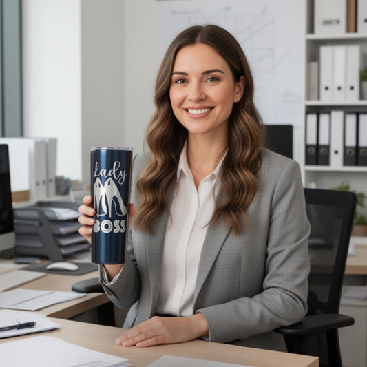 Woman in office holding a 'Lady Boss' mug