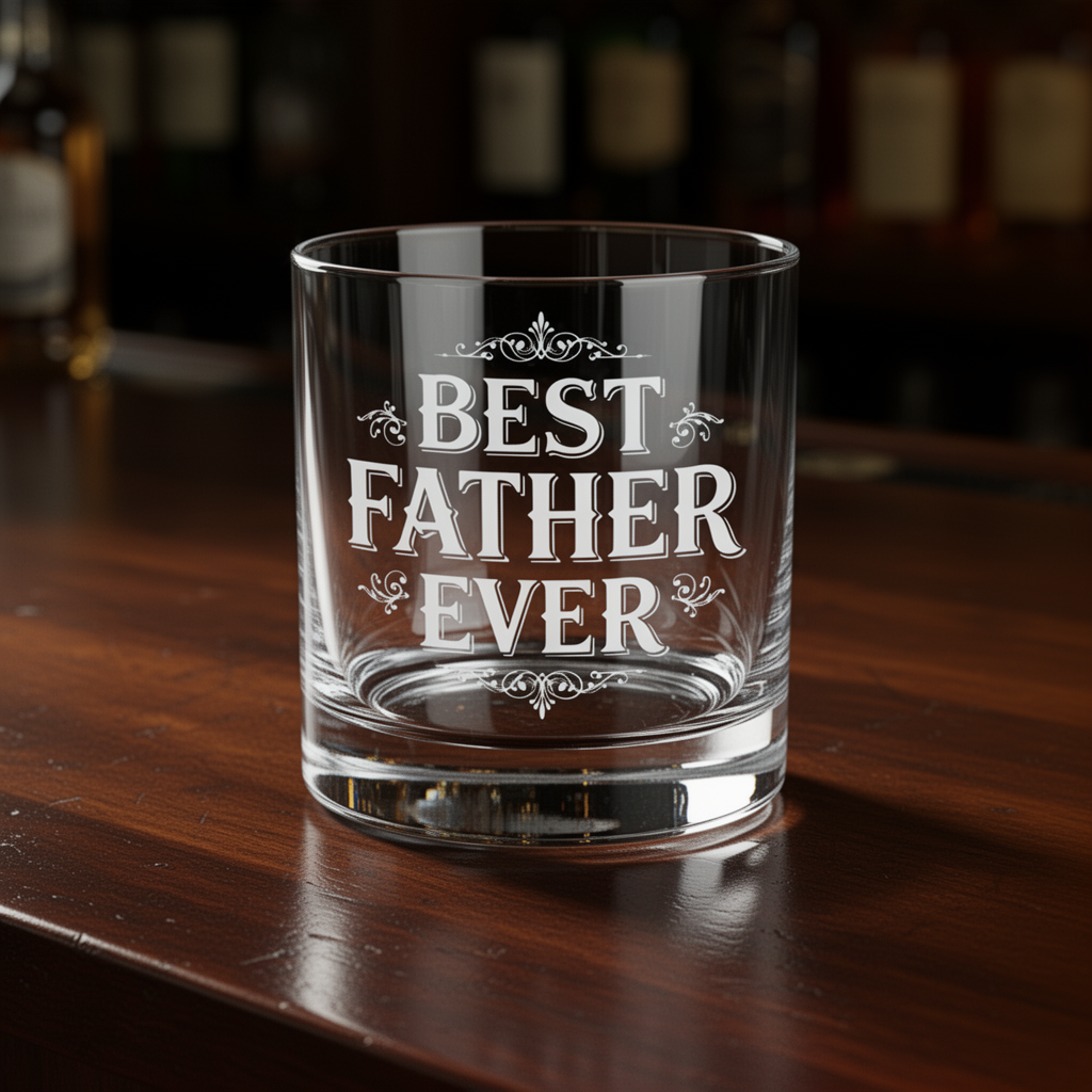 Clear glass tumbler with 'Best Father Ever' engraving on a wooden surface.