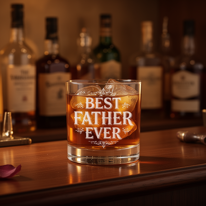 Glass of whiskey with 'Best Father Ever' engraving in front of blurred bottles on a bar.