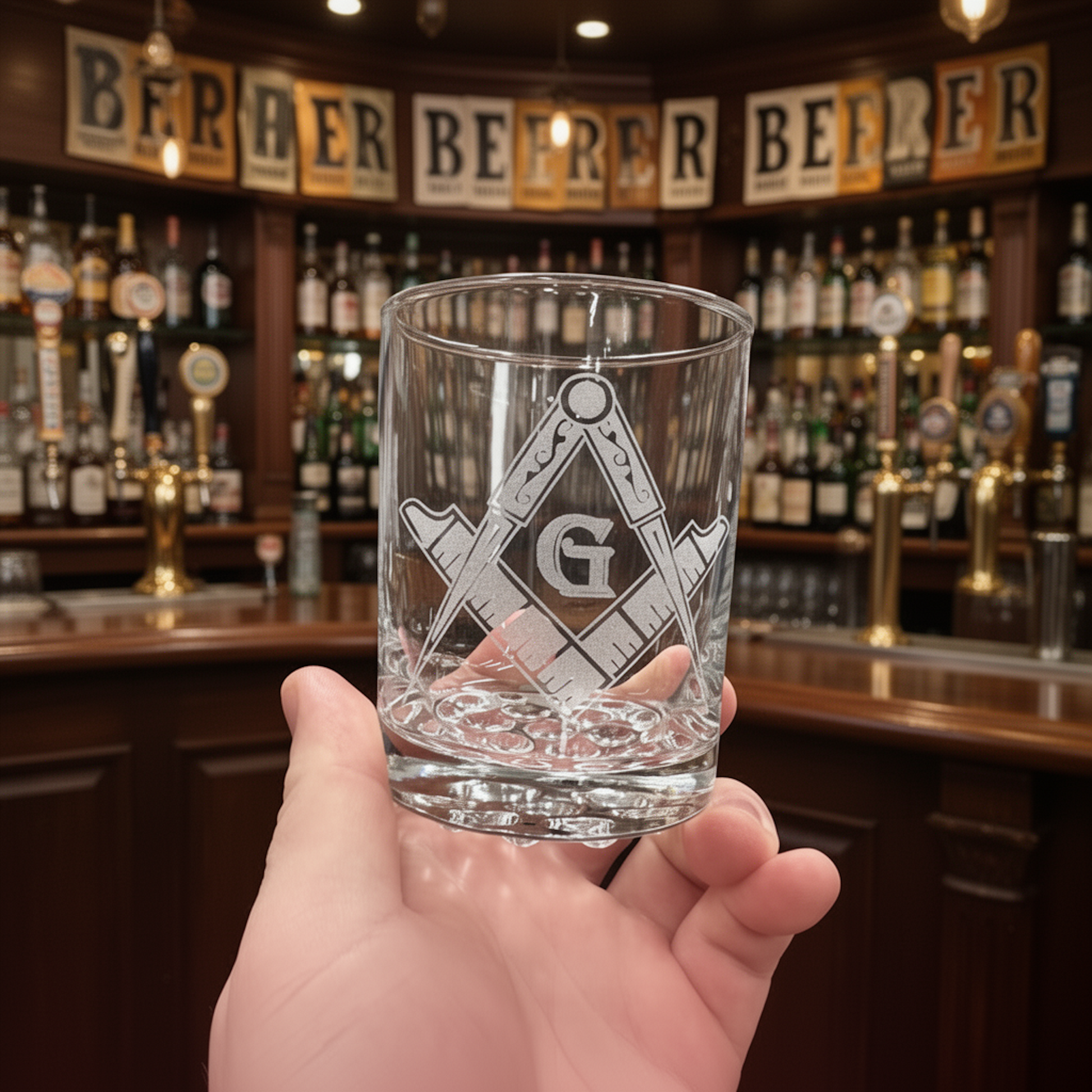 Hand holding a Masonic-themed glass in front of a bar with beer taps and bottles.