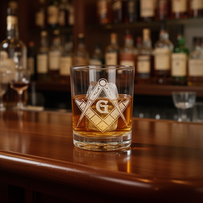Glass of whiskey with a Masonic emblem 