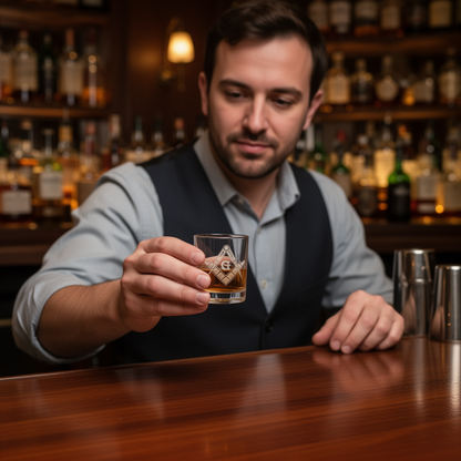 Man holding a glass of whiskey in a bar setting