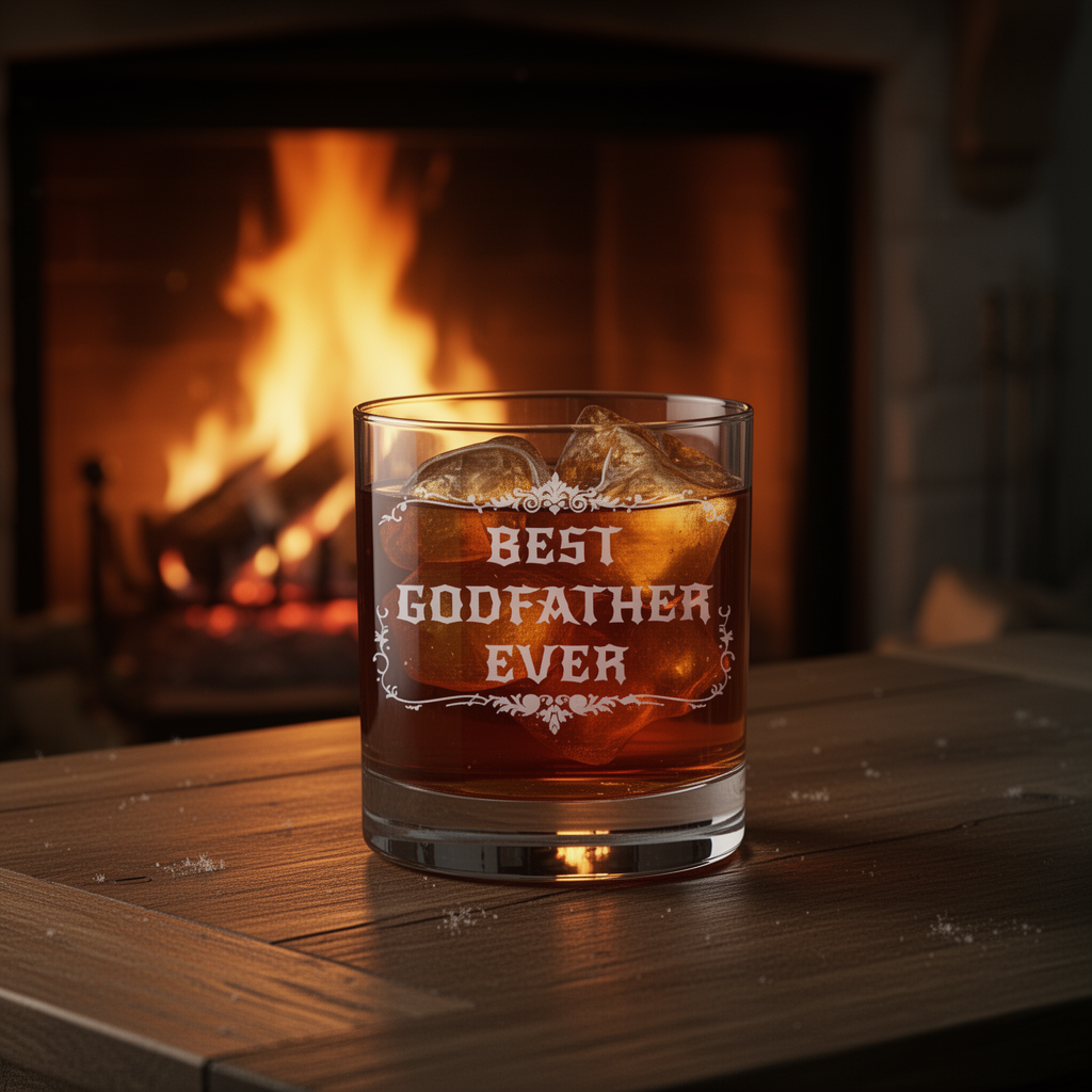 Glass of whiskey with 'Best Godfather Ever' engraving in front of a fireplace.